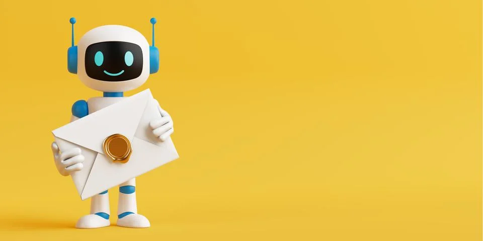 Artificial Intelligence Communication Concept. Smiling AI Robot Holding Sea.. Stock Illustration