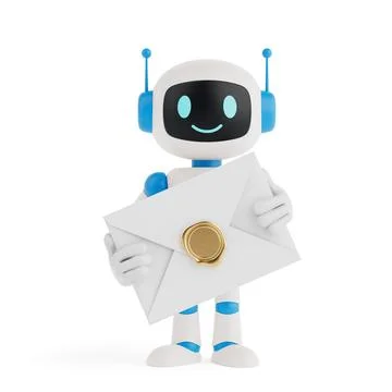 Artificial Intelligence Communication Concept. Smiling AI Robot Holding Sea.. Stock Illustration