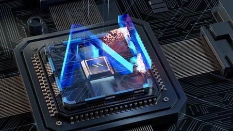 Artificial Intelligence in a complex and modern GPU card 3D rendering Stock Illustration