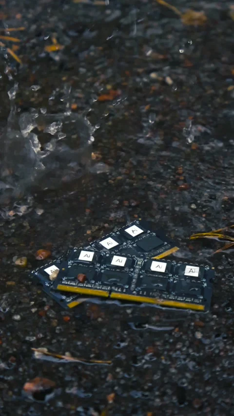 Artificial intelligence computer chips lying in the rain Stock Footage 338330356