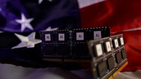 Artificial intelligence computer chips sitting on United States flag Stock Photos