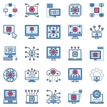 Artificial Intelligence Computer colored icons set. AI PC Technology concep.. Stock Illustration