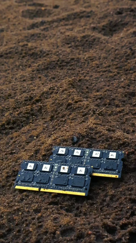 Artificial intelligence computer memory chips buried in mud during rainfall Stock Footage 338330353