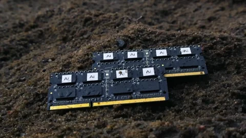Artificial intelligence computer ram modules in heavy rain on wet sand Stock Footage 338327306