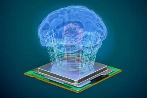 Artificial intelligence computer technology concept. Human brain with cpu pro Stock Illustration