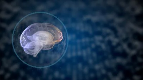 Artificial intelligence concept. 3d render digital brain design glowing over Stock Illustration