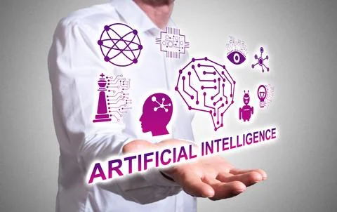Artificial intelligence concept above a human hand Stock Photos