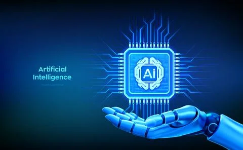 Artificial intelligence concept. AI chip with robotic hand. AI processor. Dig Stock Illustration