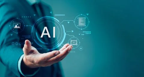 Artificial Intelligence concept with AI interface on digital HUD. Businessm.. Stock Photos