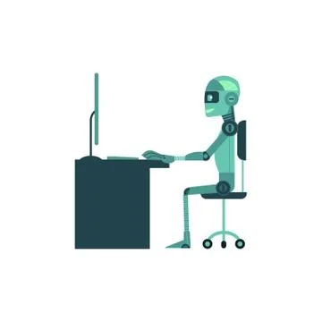 Artificial intelligence concept with anthropoid robot works behind computer. Stock Illustration