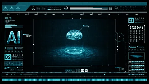 Artificial intelligence concept. Brain over a circuit board and scanning. Gra Stock-Footage 153728344