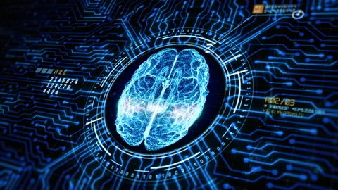Artificial intelligence concept. Brain over the circuit board. HUD future tec Stock Footage 153729421