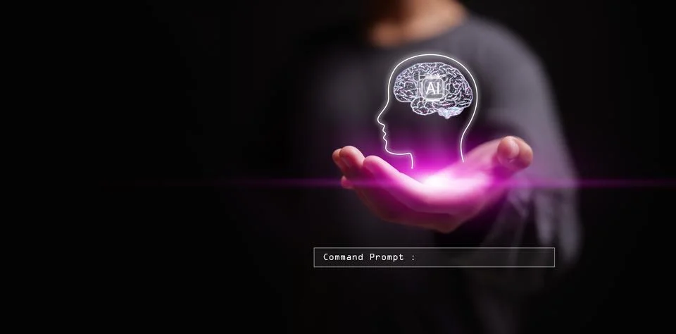 Artificial intelligence concept for children. A kid holds a glowing AI digi.. Stock Photos