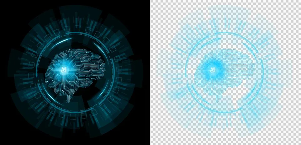Artificial intelligence concept. Circuit board with human brain in circle hud  Stock Illustration