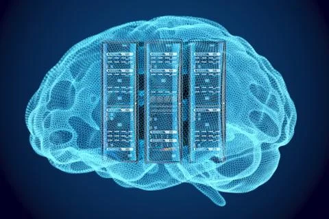 Artificial intelligence concept, Computer server racks inside brain, 3D rende Stock Illustration