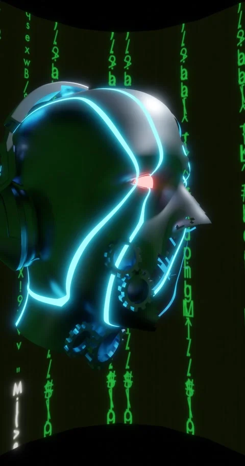 Artificial Intelligence concept cyborg digital code and headphones render 3D Stockbeeldmateriaal 336112334
