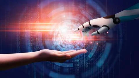 Artificial Intelligence Concept. Cyborg Hand Reaching Human Hand Over Abstract 스톡 사진