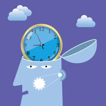 Artificial intelligence concept design, clock in the brain.background is purple. Illustrazione stock