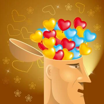 Artificial intelligence concept design, heart shaped balloon in the brain. Stock Illustration