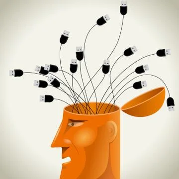 Artificial intelligence concept design, USB cable in the brain. Stock Illustration