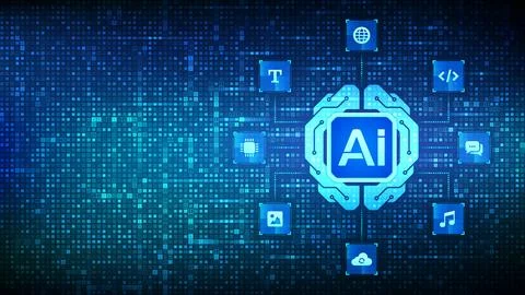 Artificial intelligence concept. Digital brain. AI chip connected to text, co Stock Illustration