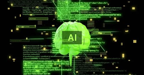 Artificial intelligence concept with digital brain and programming code Foto stock
