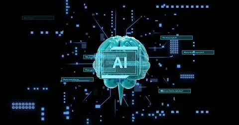 Artificial intelligence concept with digital brain and data visualization Stock Photos