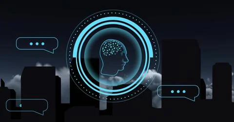 Artificial intelligence concept with digital brain and chat bubbles in cityscape 写真素材