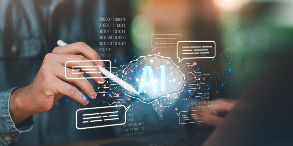 Artificial intelligence concept with digital brain, chatbot communication, .. Stock Photos