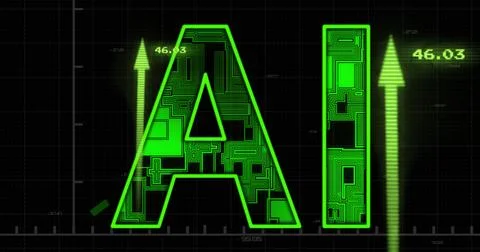 Artificial intelligence concept with digital circuit design and rising data Stock Photos