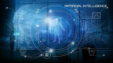Artificial intelligence concept with digital human hologram. Stock Illustration