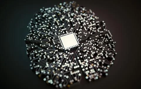 Artificial intelligence concept. Electronic circuit is shape of brain with mi Foto stock