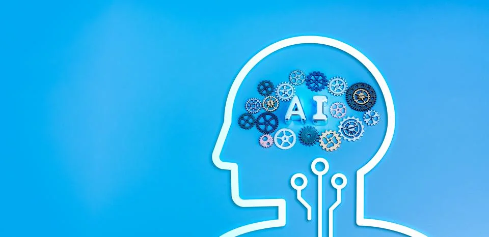 Artificial intelligence concept featuring digital brain with AI gears,. Hum.. Stock Photos