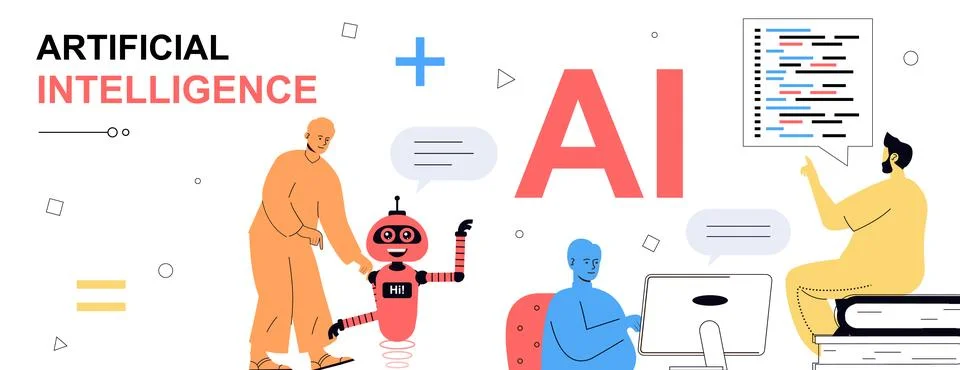 Artificial intelligence concept in flat cartoon design for web banner. Peop.. 스톡 일러스트