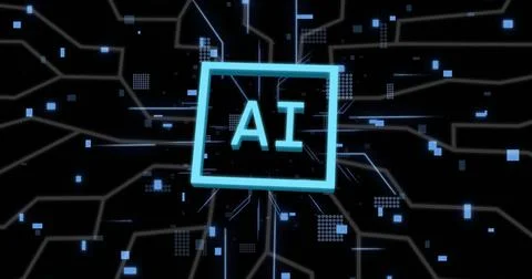Artificial intelligence concept with glowing AI text and digital circuit lines Stock Photos
