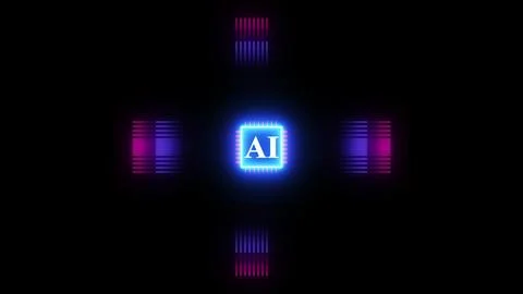 Artificial intelligence concept with glowing blue microchip surrounded by n.. Stock Illustration