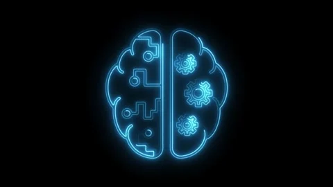 Artificial intelligence concept glowing brain with circuitry and gears on b.. Stock Footage 308192437