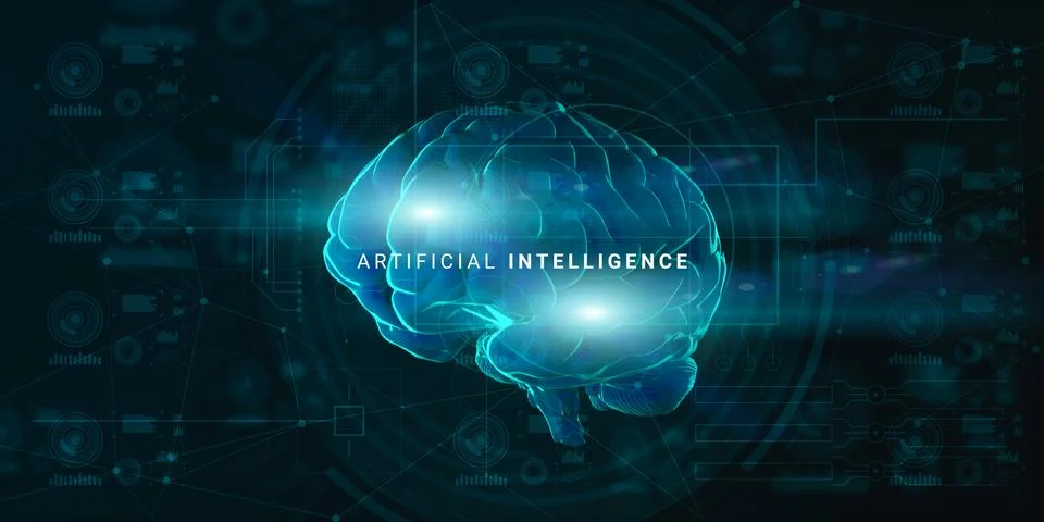 Artificial Intelligence Concept. Glowing Digital Brain Projection Over Abstract Ilustração Stock