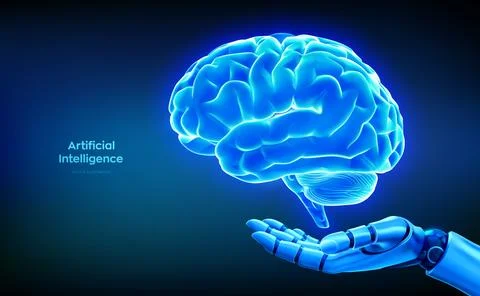 Artificial intelligence concept with glowing human brain above robotic hand.  Stock Illustration