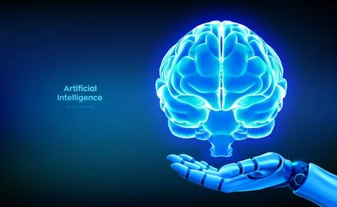 Artificial intelligence concept with glowing human brain above robotic hand.  Stock Illustration