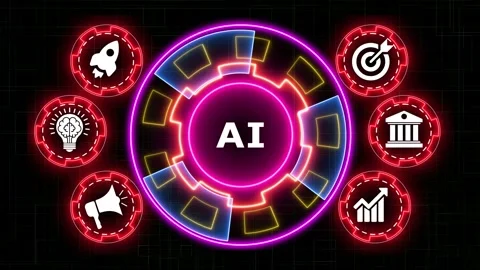 Artificial intelligence concept with glowing neon icons and rotating gear m.. Stock Footage 336559410