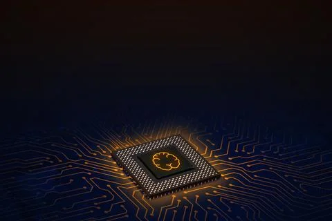 Artificial intelligence concept with glowing orange brain symbol on process.. Stock Photos