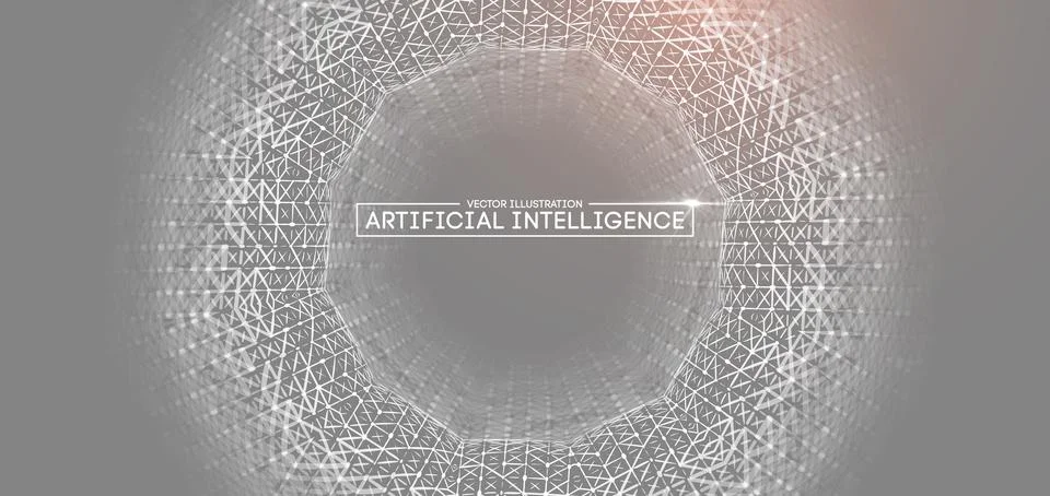 Artificial intelligence concept with glowing white sphere and hexagon Stock Illustration