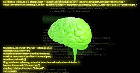 Artificial intelligence concept with green brain and programming code in Foto stock