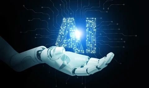 Artificial Intelligence concept. Hand of a robot carry an AI text with circ.. Stock Illustration