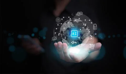 Artificial Intelligence concept. Hands of a man holds a virtual globe with .. Stock Photos