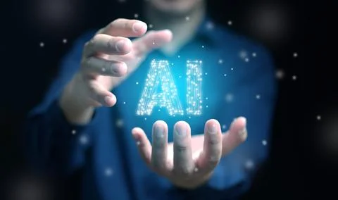 Artificial Intelligence concept. Hands of a man carry an AI text with circu.. 스톡 사진