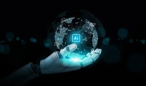 Artificial Intelligence concept. Hands of a robot holds a virtual globe wit.. Illustrazione stock