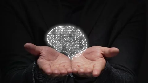 Artificial intelligence concept. hands show augmented reality projection Stock Footage 168069643