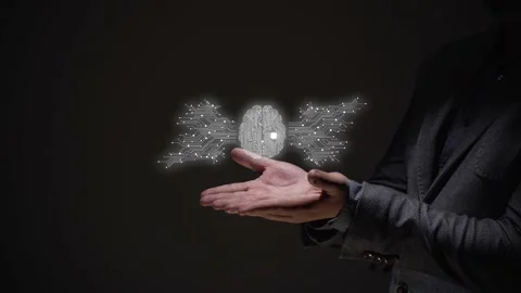Artificial intelligence concept. hands show augmented reality projection Stock Footage 168230642